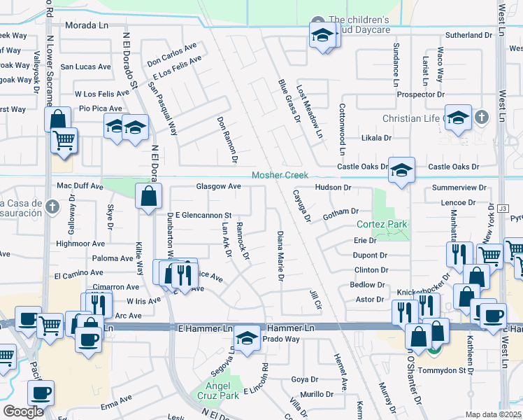 map of restaurants, bars, coffee shops, grocery stores, and more near 8341 Berwick Way in Stockton