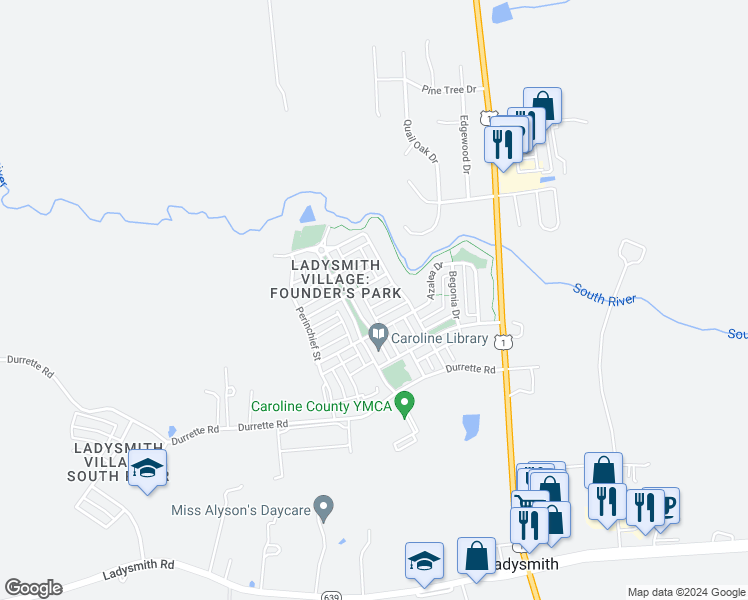 map of restaurants, bars, coffee shops, grocery stores, and more near 7219 John Taylor Mews in Ruther Glen
