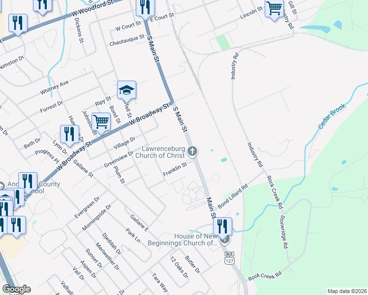 map of restaurants, bars, coffee shops, grocery stores, and more near 542 South Main Street in Lawrenceburg
