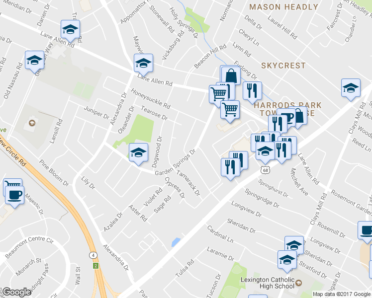 map of restaurants, bars, coffee shops, grocery stores, and more near 2048 Larkspur Drive in Lexington