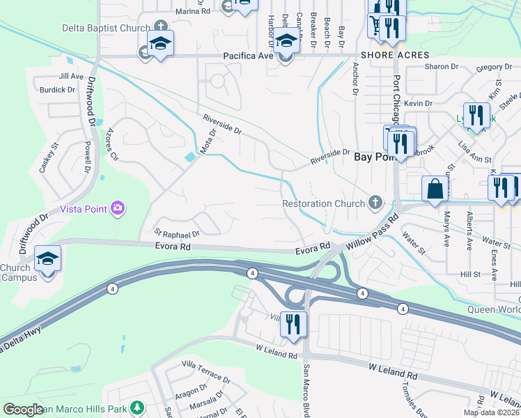 map of restaurants, bars, coffee shops, grocery stores, and more near 365 Waterview Place in Bay Point