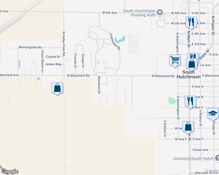 map of restaurants, bars, coffee shops, grocery stores, and more near 11 Savannah Drive in South Hutchinson