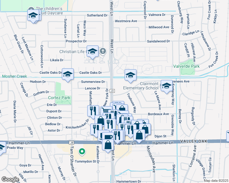 map of restaurants, bars, coffee shops, grocery stores, and more near 1529 Pyrenees Avenue in Stockton