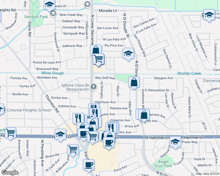 map of restaurants, bars, coffee shops, grocery stores, and more near 8431 Kinross Way in Stockton