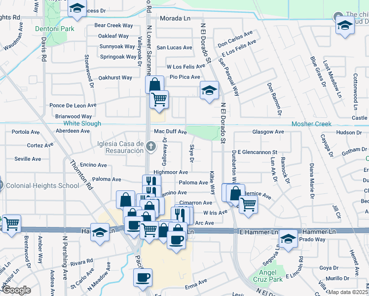 map of restaurants, bars, coffee shops, grocery stores, and more near 8436 Kinross Way in Stockton