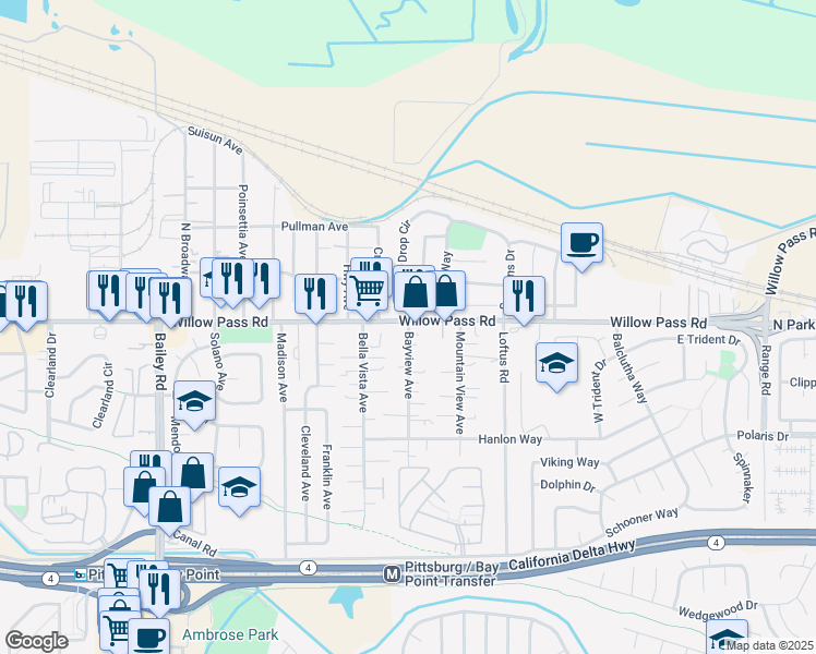 map of restaurants, bars, coffee shops, grocery stores, and more near 2 Bayview Avenue in Bay Point