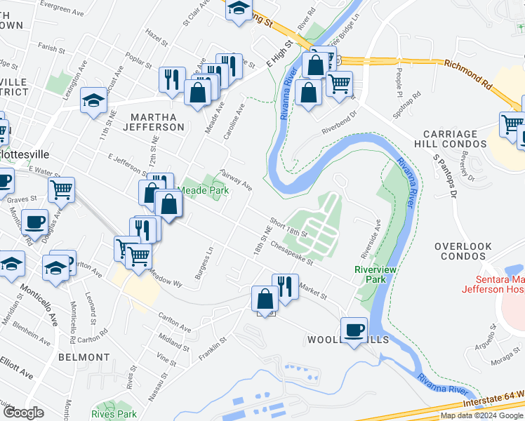 map of restaurants, bars, coffee shops, grocery stores, and more near 1411 Short 18th Street in Charlottesville