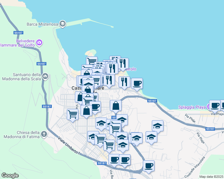 map of restaurants, bars, coffee shops, grocery stores, and more near 151 Via Guglielmo Marconi in Castellammare del Golfo