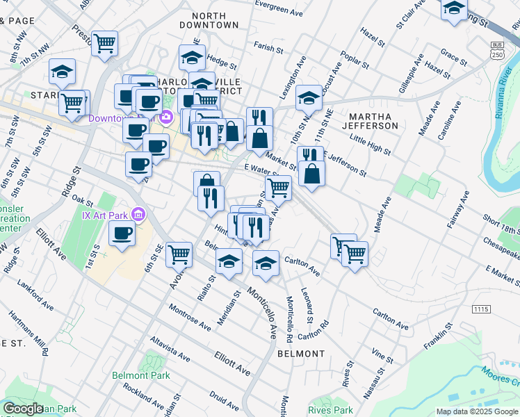 map of restaurants, bars, coffee shops, grocery stores, and more near 126 Goodman Street in Charlottesville