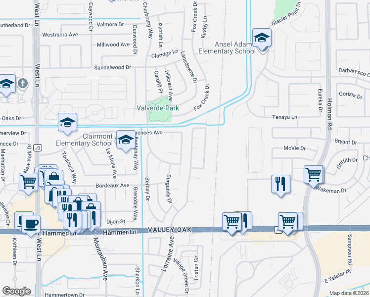 map of restaurants, bars, coffee shops, grocery stores, and more near 8413 Neubourg Drive in Stockton