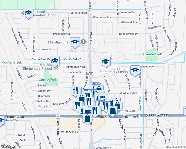 map of restaurants, bars, coffee shops, grocery stores, and more near 1529 Pyrenees Avenue in Stockton