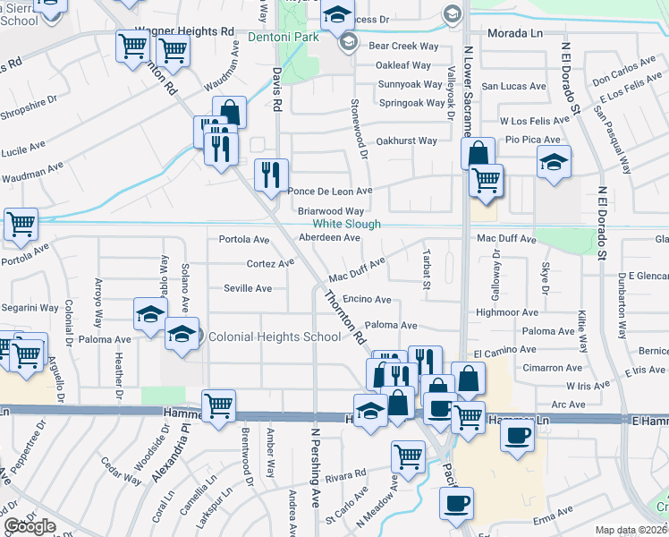 map of restaurants, bars, coffee shops, grocery stores, and more near 8402 Roxburgh Way in Stockton