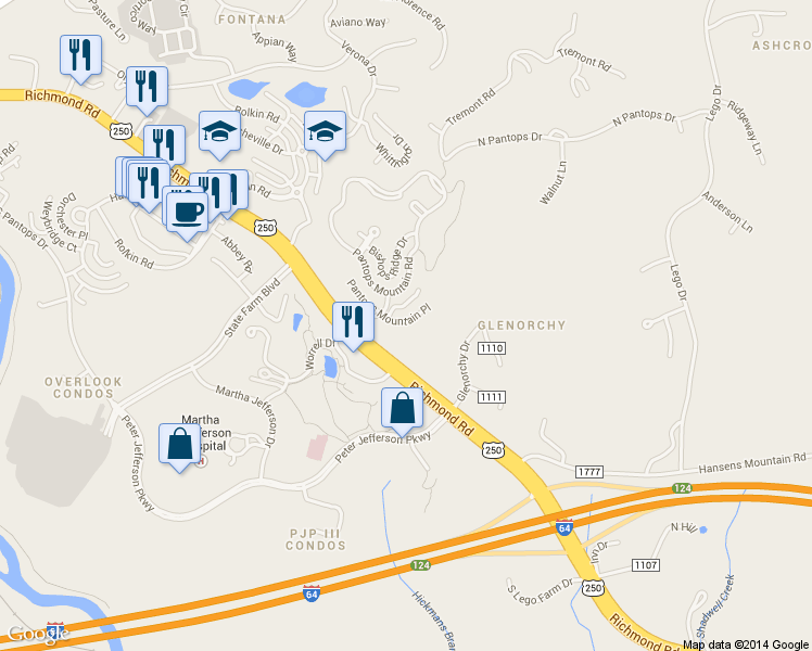 map of restaurants, bars, coffee shops, grocery stores, and more near 1550 Pantops Mountain Place in Charlottesville