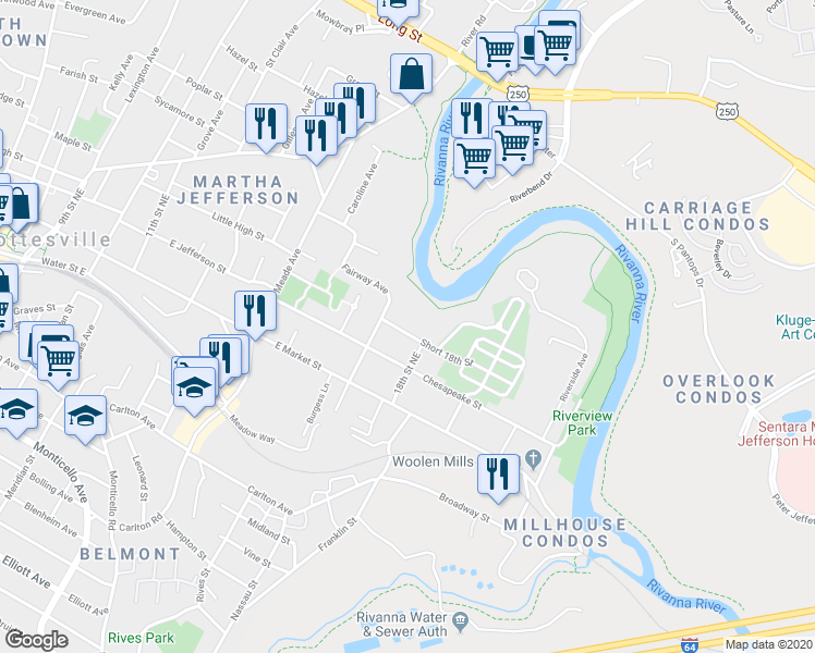 map of restaurants, bars, coffee shops, grocery stores, and more near 1404 Short 18th Street in Charlottesville