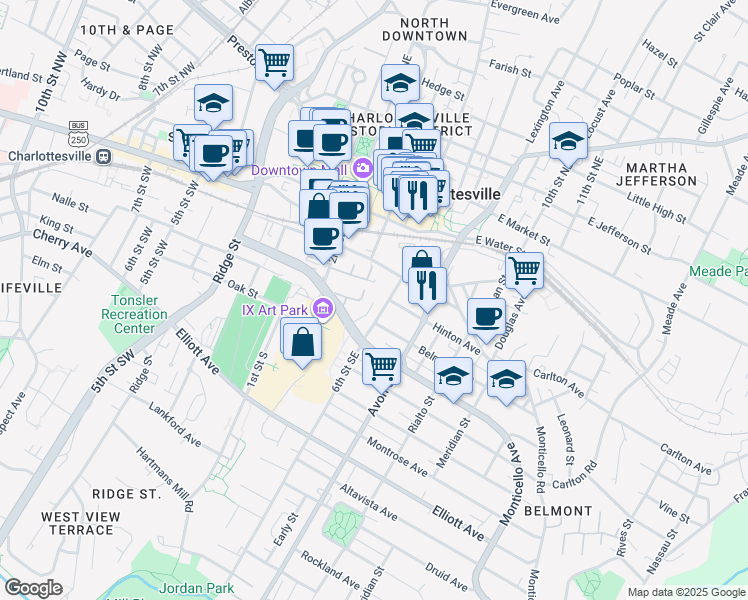 map of restaurants, bars, coffee shops, grocery stores, and more near 501-599 6th Street Southeast in Charlottesville