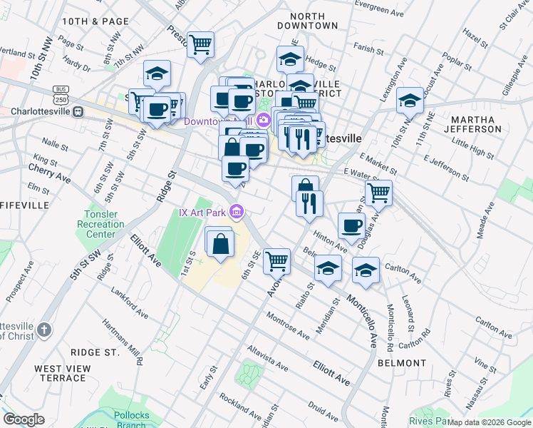 map of restaurants, bars, coffee shops, grocery stores, and more near in Charlottesville