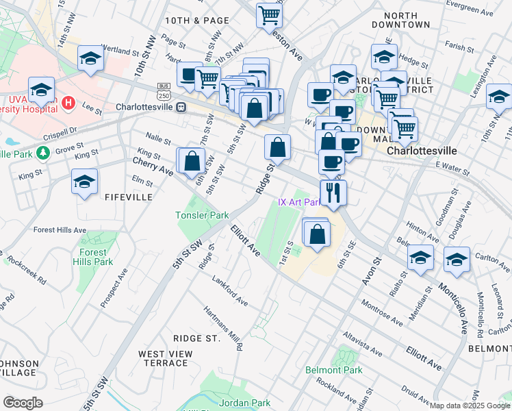 map of restaurants, bars, coffee shops, grocery stores, and more near 512a Ridge Street in Charlottesville