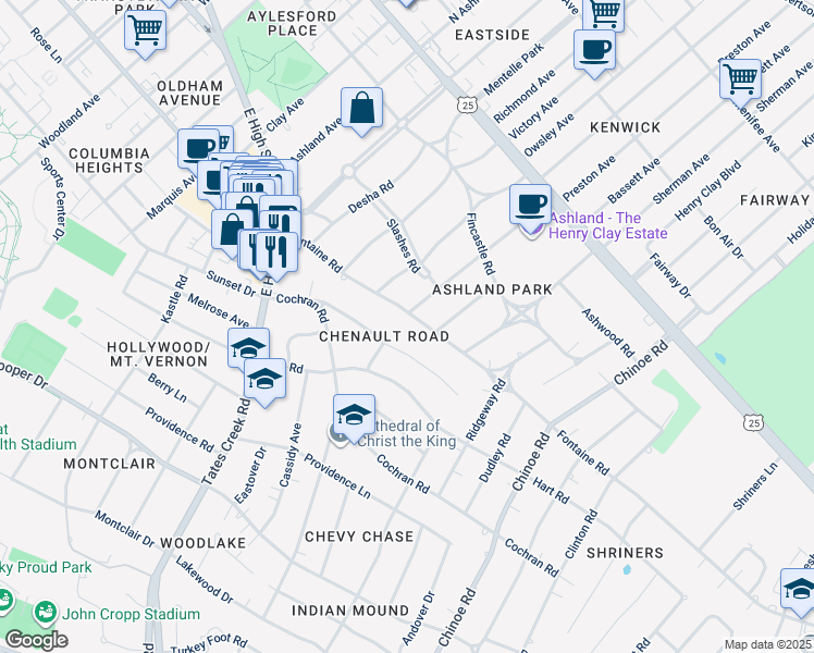 map of restaurants, bars, coffee shops, grocery stores, and more near 1320 Fontaine Road in Lexington