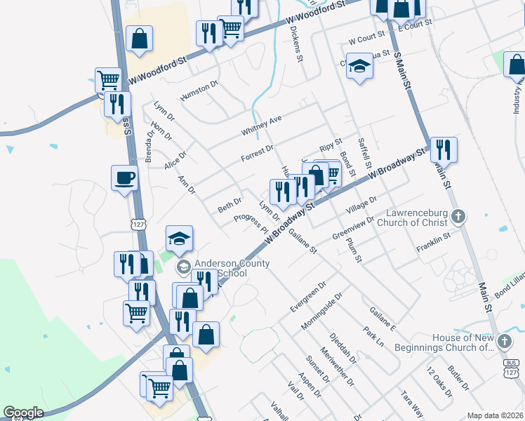 map of restaurants, bars, coffee shops, grocery stores, and more near 700 West Broadway Street in Lawrenceburg