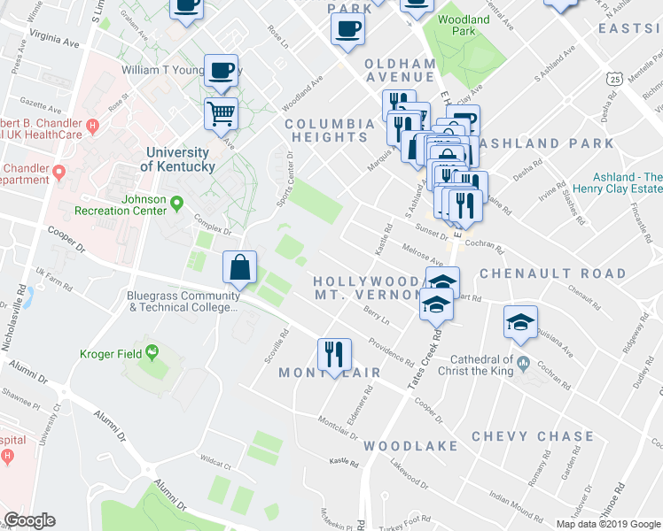 map of restaurants, bars, coffee shops, grocery stores, and more near 672 Mount Vernon Drive in Lexington