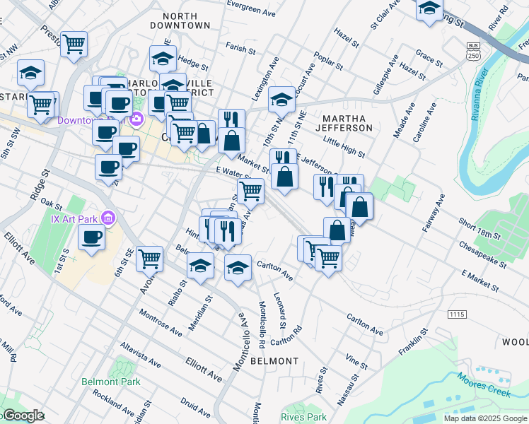 map of restaurants, bars, coffee shops, grocery stores, and more near 200-202 Douglas Avenue in Charlottesville