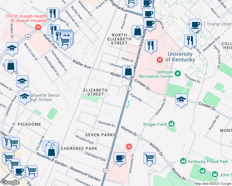 map of restaurants, bars, coffee shops, grocery stores, and more near 1423 Audubon Avenue in Lexington