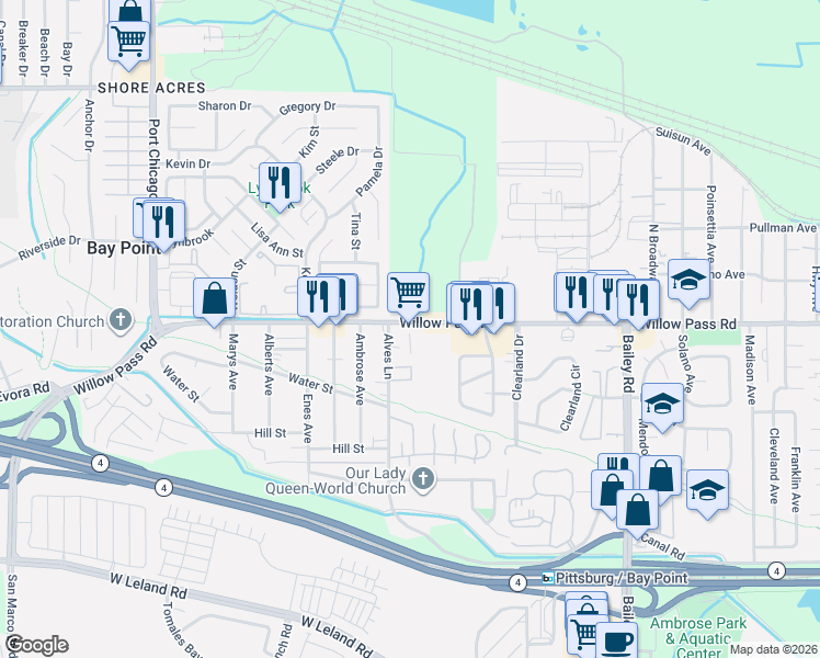 map of restaurants, bars, coffee shops, grocery stores, and more near 3165 Willow Pass Road in Bay Point