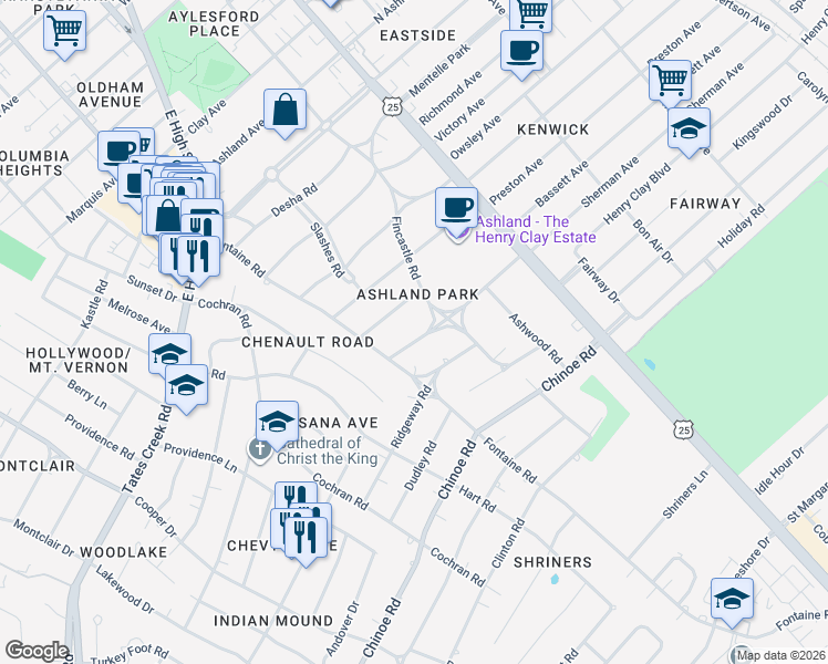 map of restaurants, bars, coffee shops, grocery stores, and more near 213 Woodspoint Road in Lexington