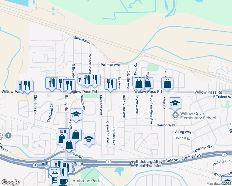 map of restaurants, bars, coffee shops, grocery stores, and more near 2315 Willow Pass Road in Bay Point