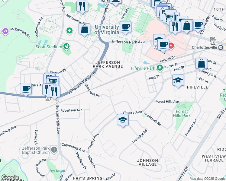 map of restaurants, bars, coffee shops, grocery stores, and more near 108a David Terrace in Charlottesville
