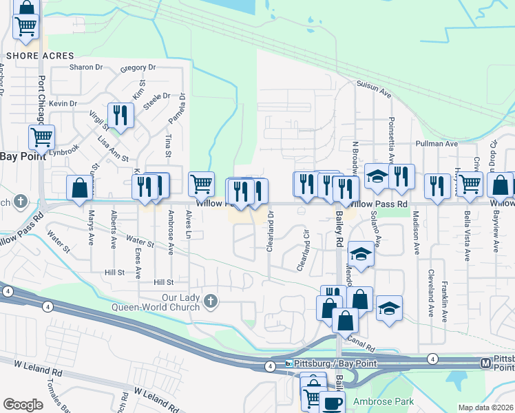 map of restaurants, bars, coffee shops, grocery stores, and more near 2947 Willow Pass Road in Bay Point