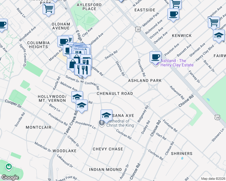 map of restaurants, bars, coffee shops, grocery stores, and more near 159 Chenault Road in Lexington