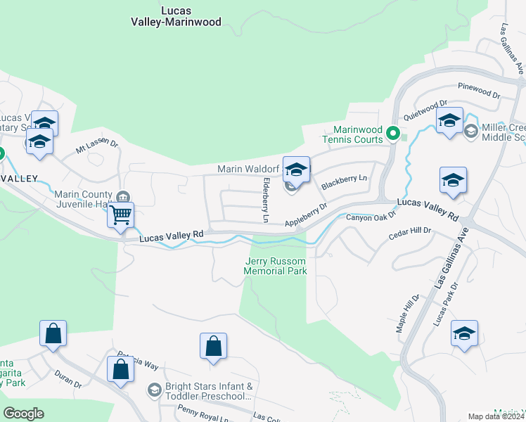 map of restaurants, bars, coffee shops, grocery stores, and more near 2125 Elderberry Lane in San Rafael