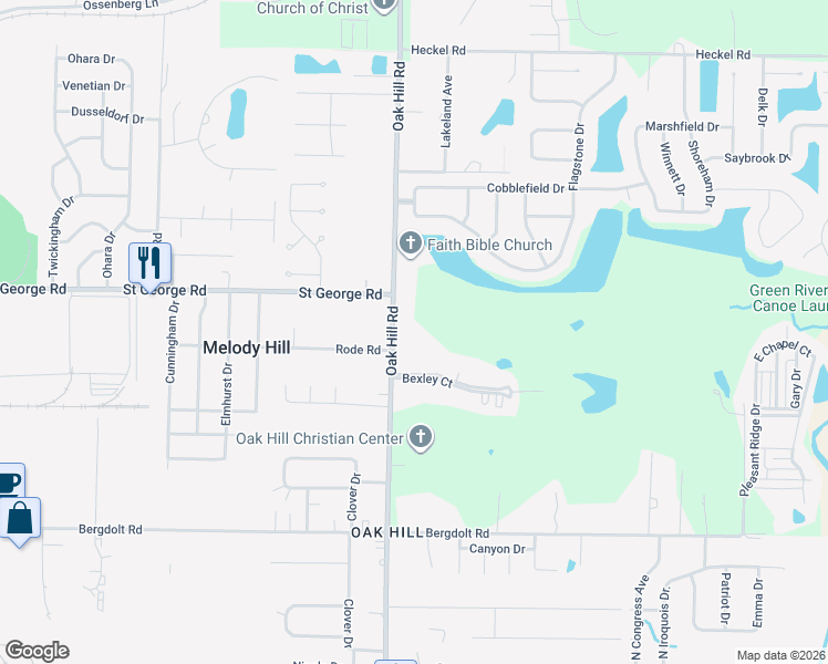 map of restaurants, bars, coffee shops, grocery stores, and more near 5325 Oak Hill Rd in Evansville