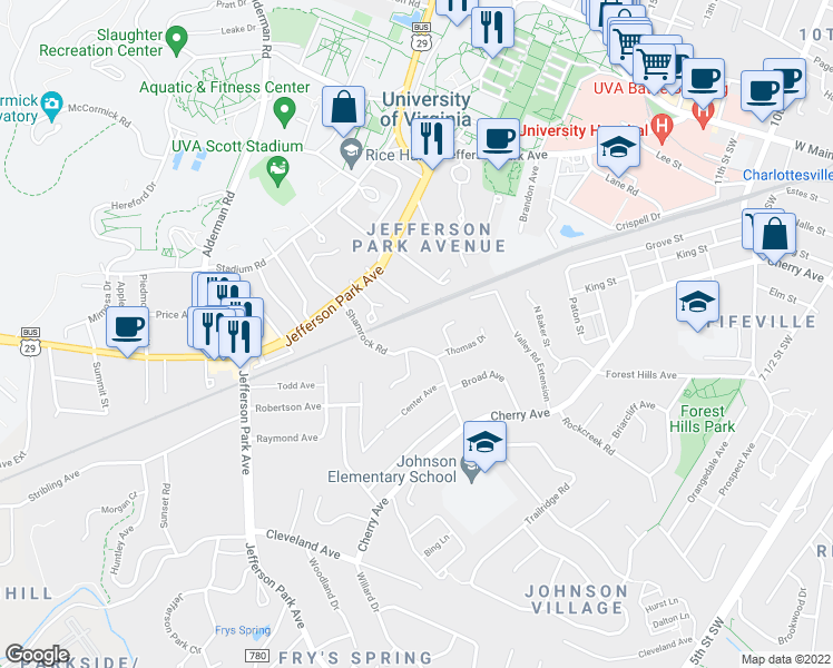 map of restaurants, bars, coffee shops, grocery stores, and more near 224 Shamrock Road in Charlottesville