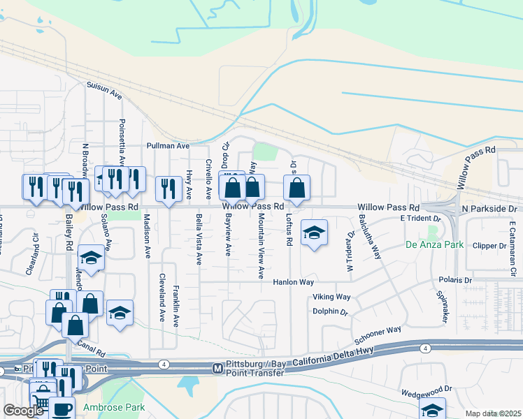 map of restaurants, bars, coffee shops, grocery stores, and more near 0 Mountain View Avenue in Bay Point