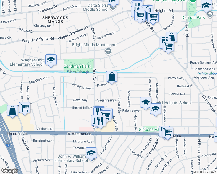 map of restaurants, bars, coffee shops, grocery stores, and more near 2271 Dario Circle in Stockton