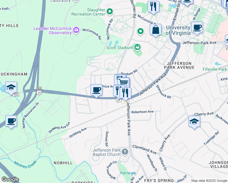 map of restaurants, bars, coffee shops, grocery stores, and more near 2311 Fontaine Avenue Extension in Charlottesville