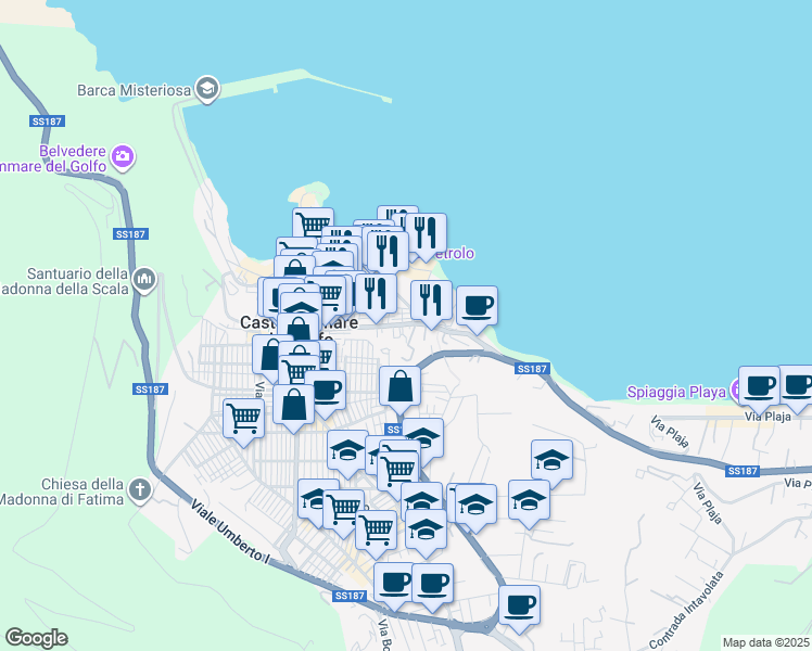 map of restaurants, bars, coffee shops, grocery stores, and more near 151 Via Guglielmo Marconi in Castellammare del Golfo