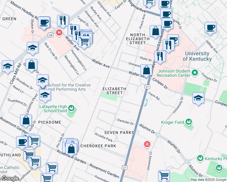 map of restaurants, bars, coffee shops, grocery stores, and more near 210 Floral Park in Lexington