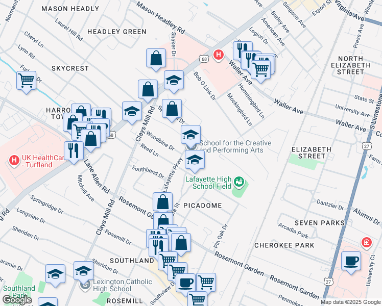 map of restaurants, bars, coffee shops, grocery stores, and more near 400 Lafayette Parkway in Lexington