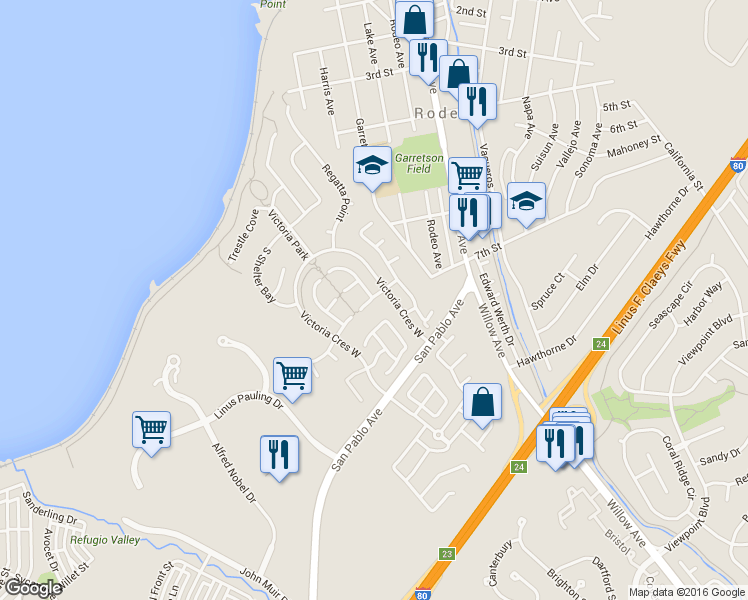 map of restaurants, bars, coffee shops, grocery stores, and more near 115 South Arbor Bay in Hercules