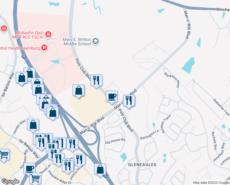 map of restaurants, bars, coffee shops, grocery stores, and more near 2785 Polo Club Boulevard in Lexington