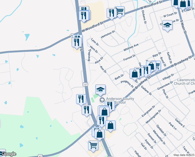 map of restaurants, bars, coffee shops, grocery stores, and more near 511 Forrest Drive in Lawrenceburg