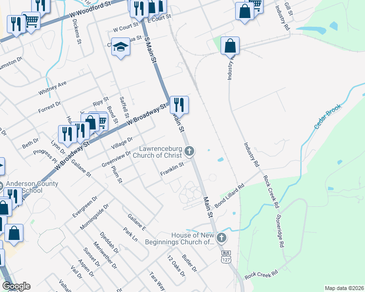 map of restaurants, bars, coffee shops, grocery stores, and more near 542 South Main Street in Lawrenceburg