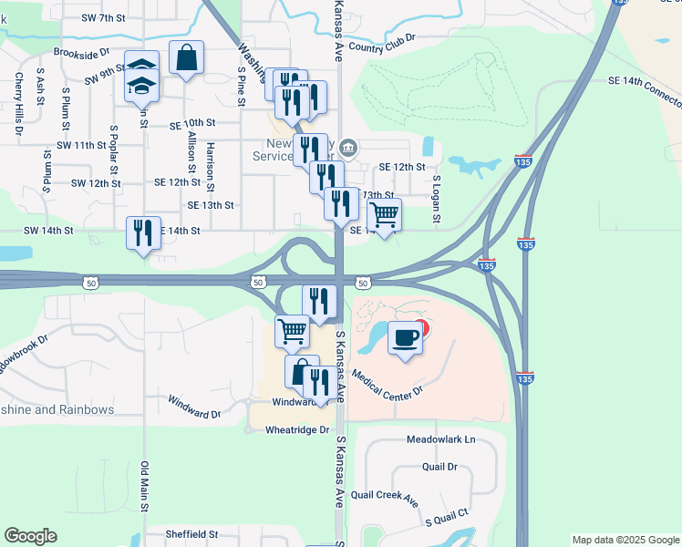 map of restaurants, bars, coffee shops, grocery stores, and more near State Highway 15 in Newton