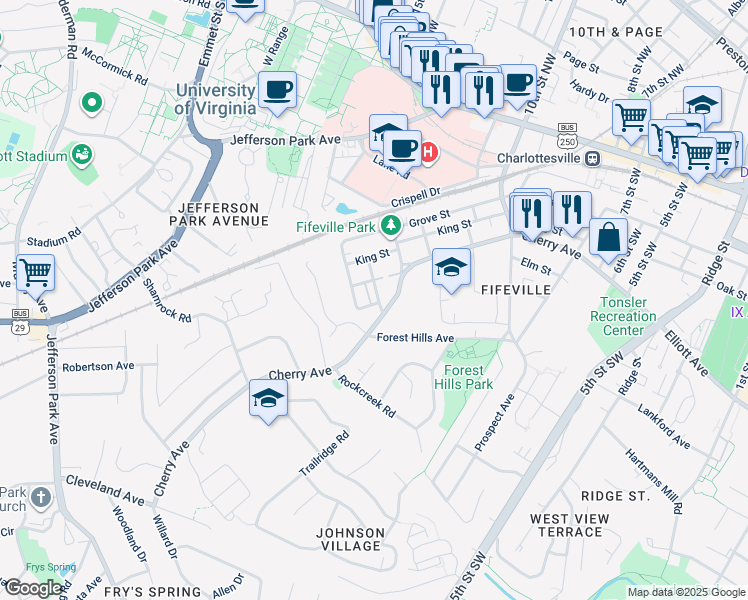 map of restaurants, bars, coffee shops, grocery stores, and more near 515 Hanover Street in Charlottesville