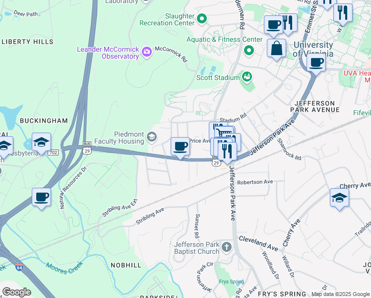 map of restaurants, bars, coffee shops, grocery stores, and more near 109 Piedmont Avenue North in Charlottesville