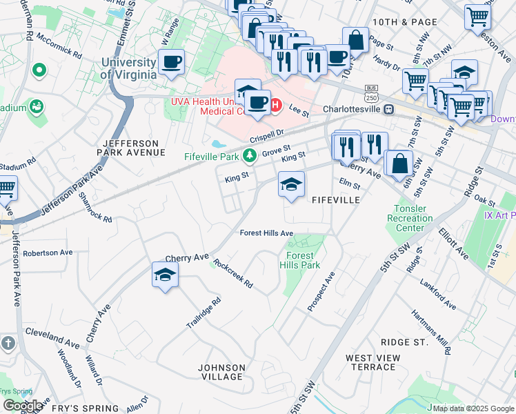 map of restaurants, bars, coffee shops, grocery stores, and more near 1212 Cherry Avenue in Charlottesville