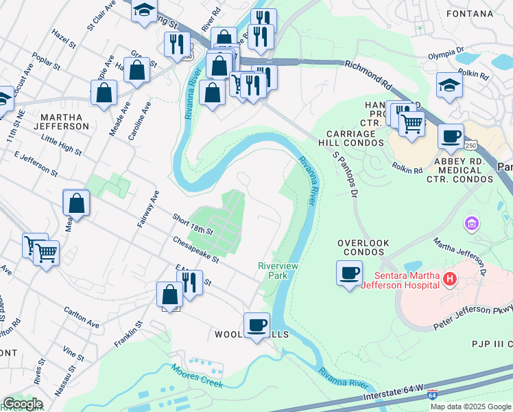 map of restaurants, bars, coffee shops, grocery stores, and more near 427 Riverside Avenue in Charlottesville